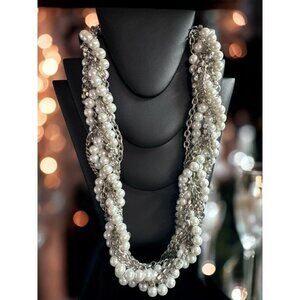 Vintage Multi-Strand Faux Pearl & Silver Chain Statement Necklace – Layered Eleg